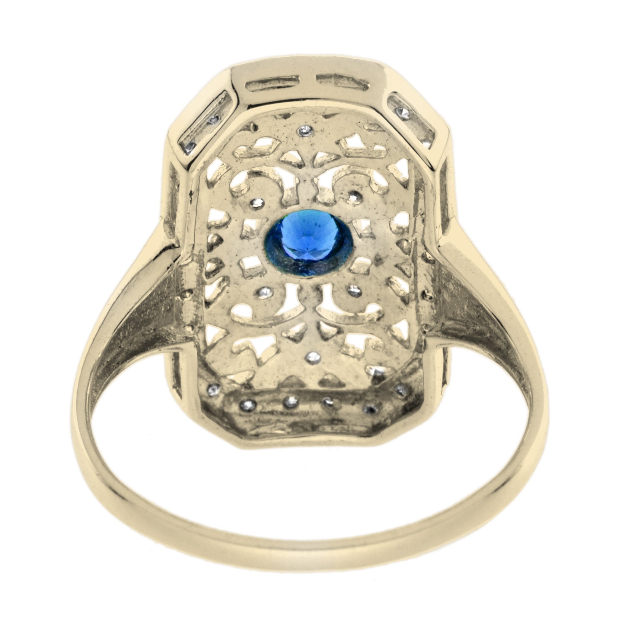 Blue Sapphire &amp; Diamond Vintage Style Filigree 14K Yellow Gold Shield Ring