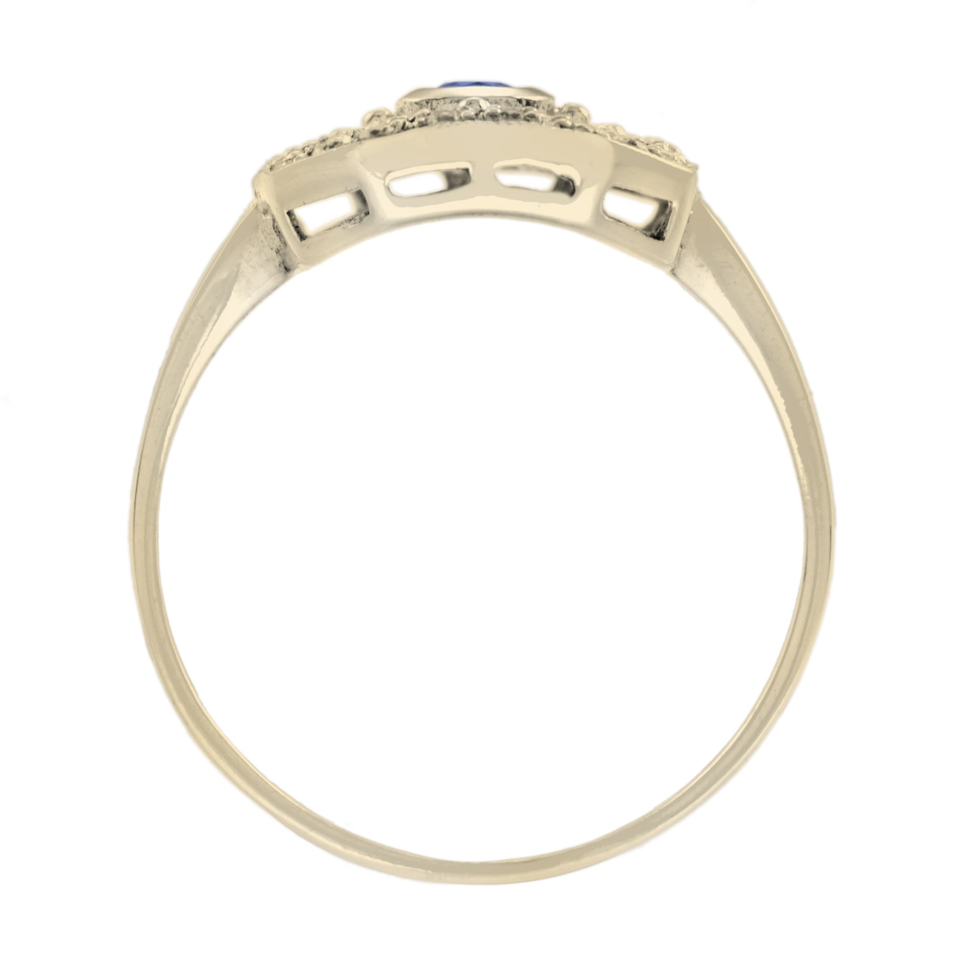 Blue Sapphire & Diamond Vintage Style Filigree 14K Yellow Gold Shield Ring
