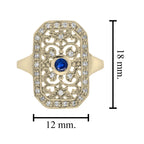 Blue Sapphire & Diamond Vintage Style Filigree 14K Yellow Gold Shield Ring