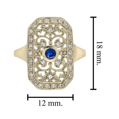 Blue Sapphire & Diamond Vintage Style Filigree 14K Yellow Gold Shield Ring
