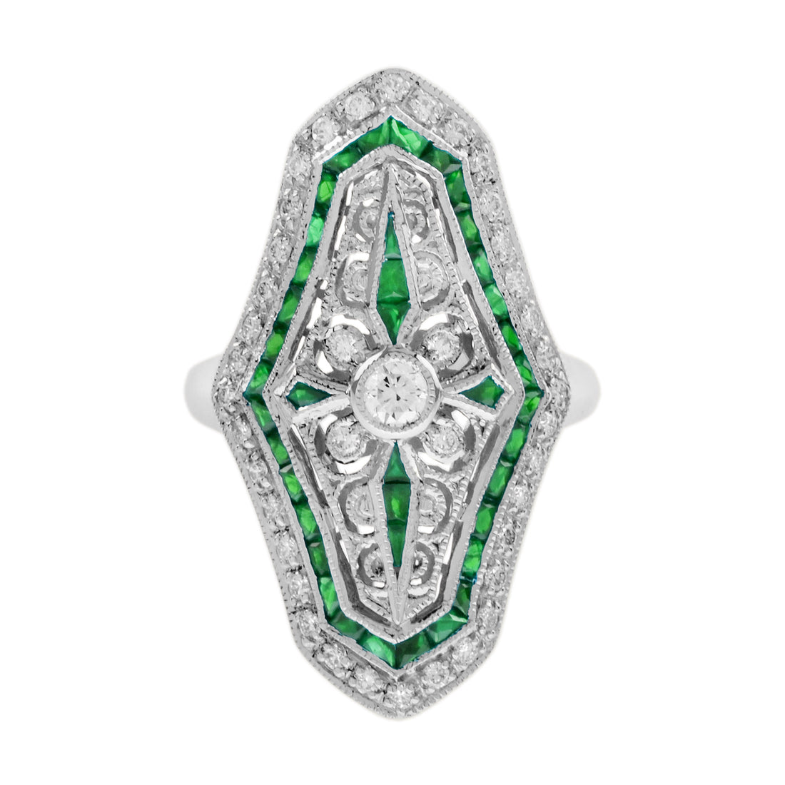 Diamond & Green Emerald Art Deco Style Shield Shape 14K White Gold Ring