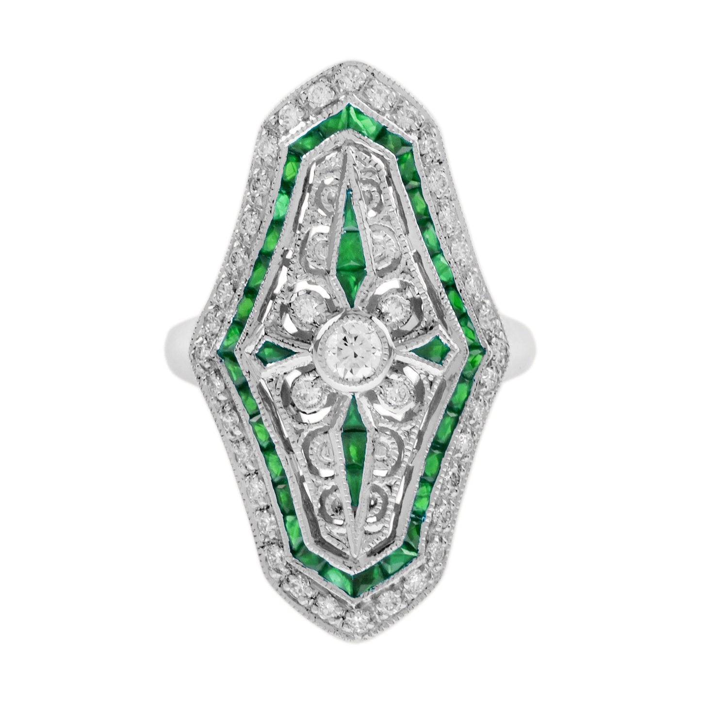 diamond & green emerald art deco style shield shape 14k white gold ring