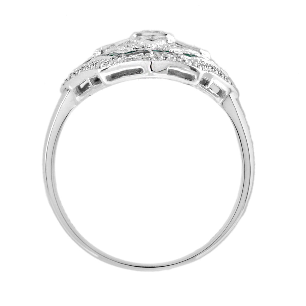Diamond & Green Emerald Art Deco Style Shield Shape 14K White Gold Ring