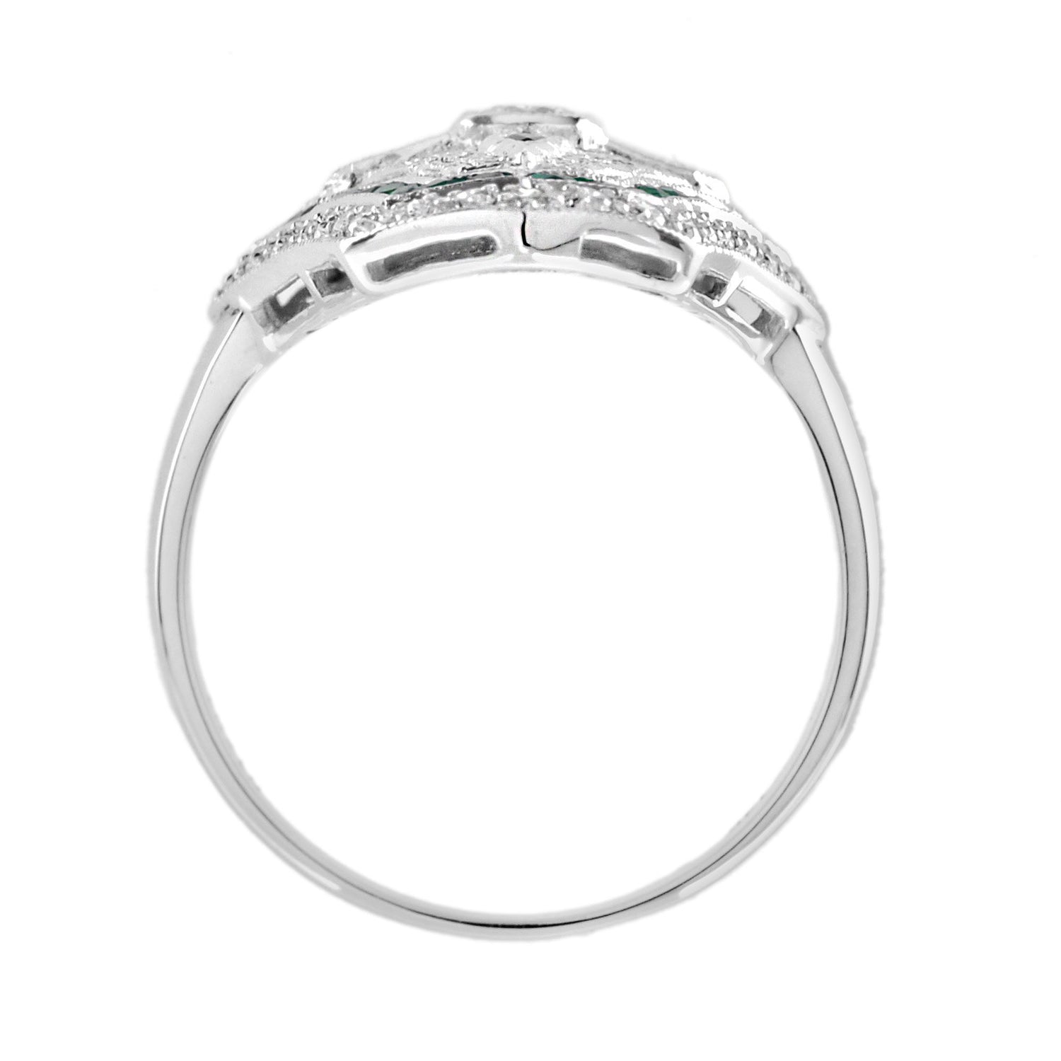 Diamond &amp; Green Emerald Art Deco Style Shield Shape 14K White Gold Ring
