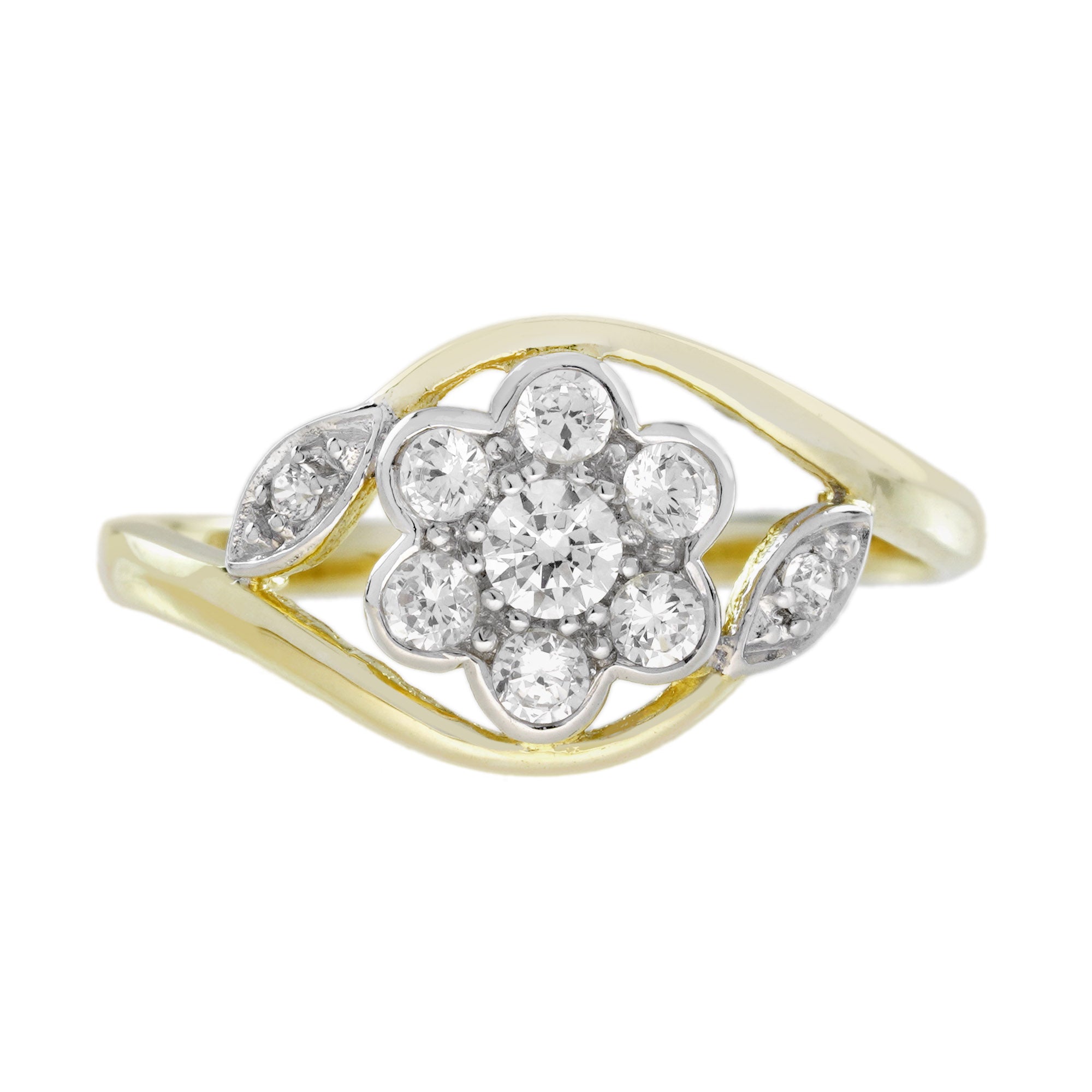Diamond Edwardian Daisy Floral Style Engagement Ring in Two Tone Gold