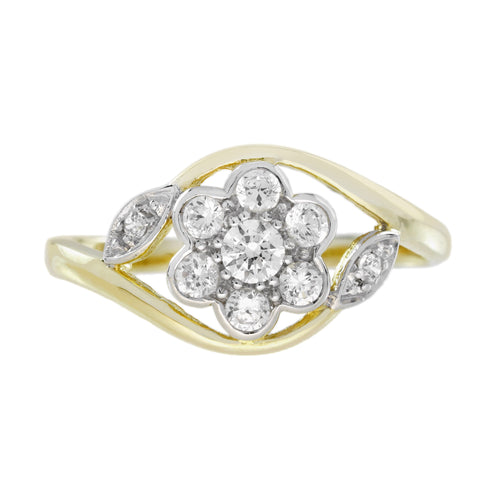 Diamond Edwardian Daisy Floral Style Engagement Ring in Two Tone Gold