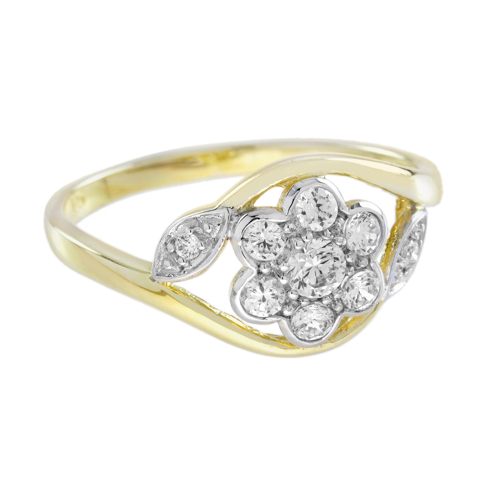 Diamond Edwardian Daisy Floral Style Engagement Ring in Two Tone Gold
