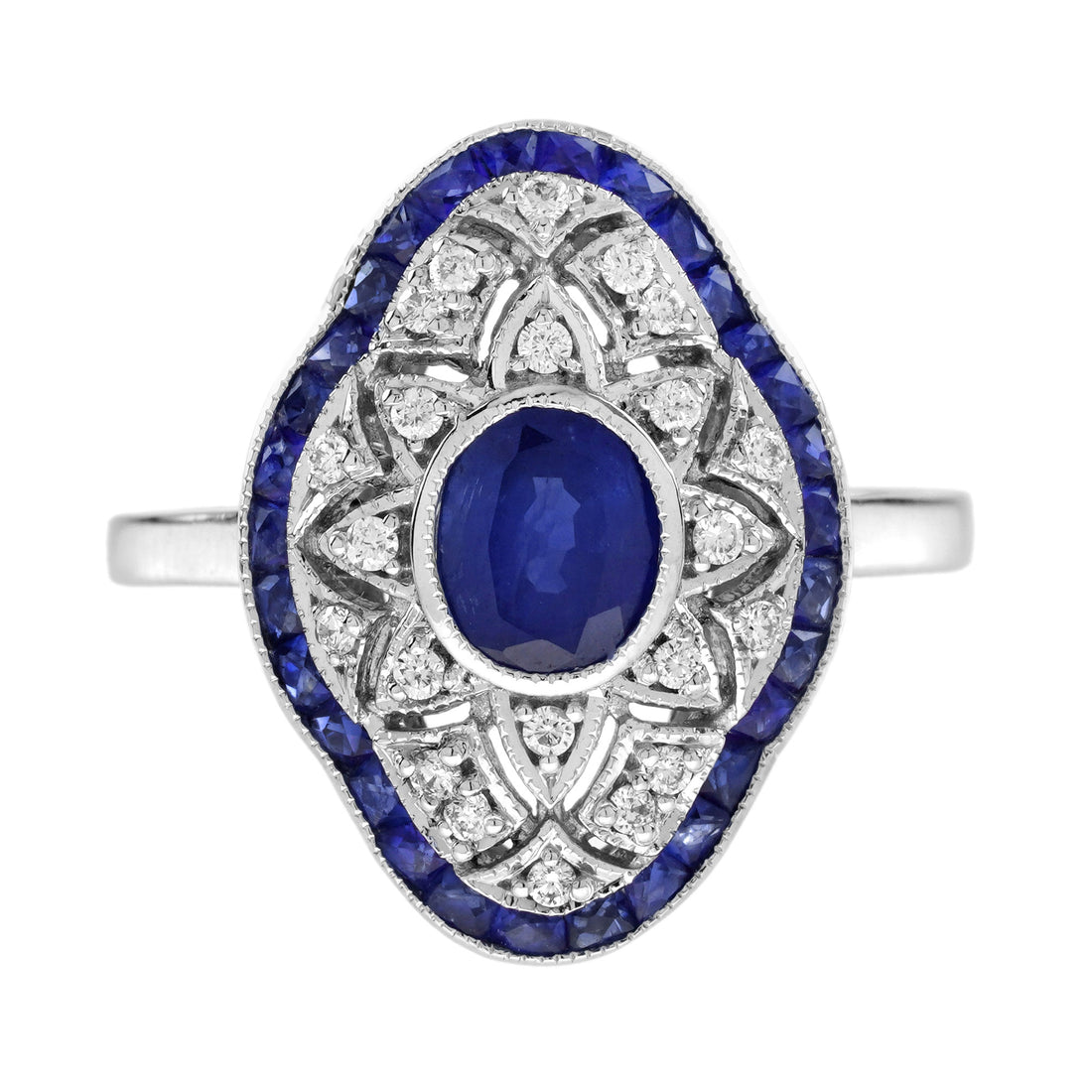 Blue Sapphire Diamond Edwardian Style Openwork Art Deco Inspired White Gold Ring