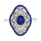 Blue Sapphire Diamond Art Deco Style Openwork Ring & Earrings Jewelry Gold Set