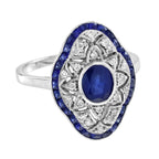 Blue Sapphire Diamond Art Deco Style Openwork Ring & Earrings Jewelry Gold Set