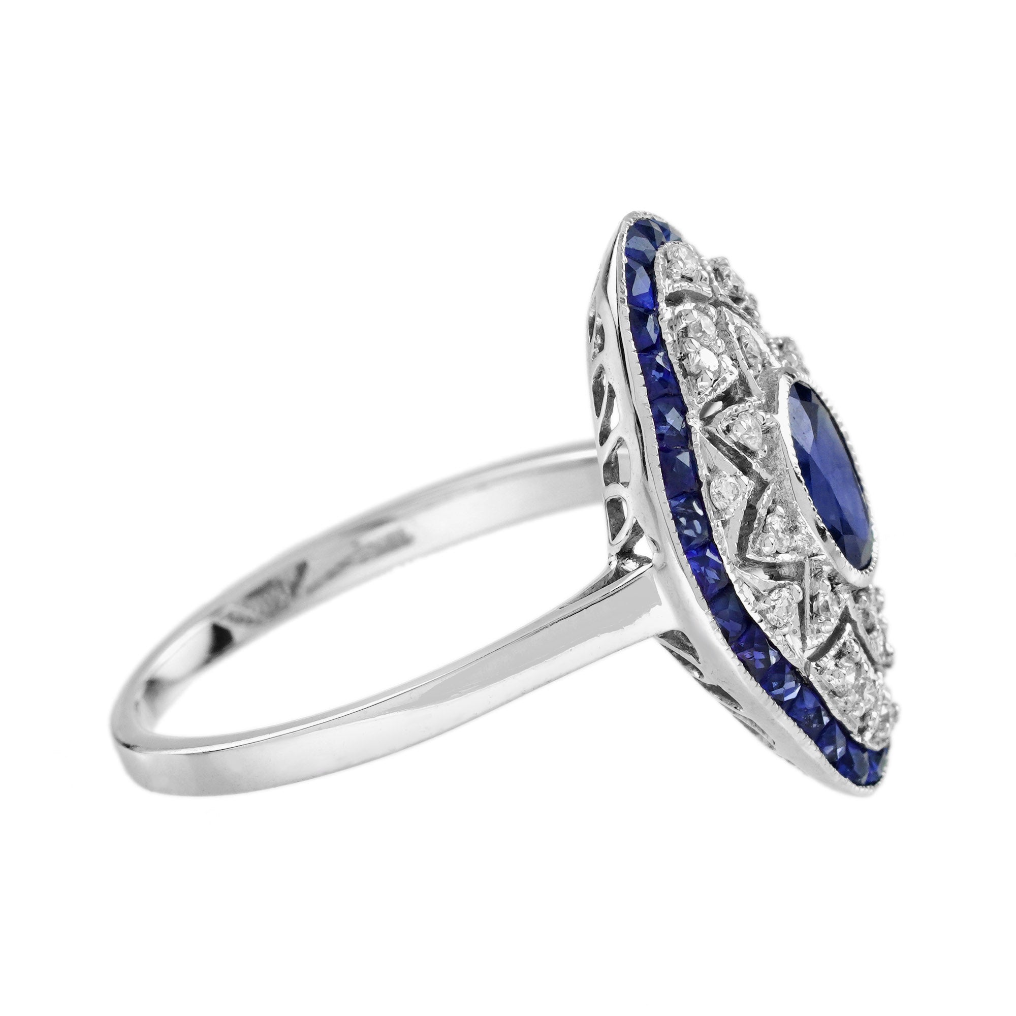 Blue Sapphire Diamond Edwardian Style Openwork Art Deco Inspired White Gold Ring