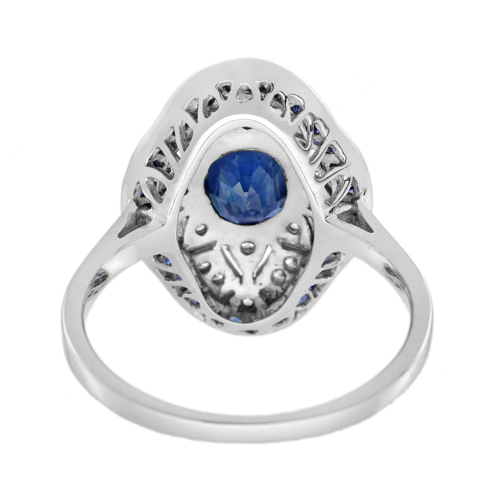 Blue Sapphire Diamond Edwardian Style Openwork Art Deco Inspired White Gold Ring