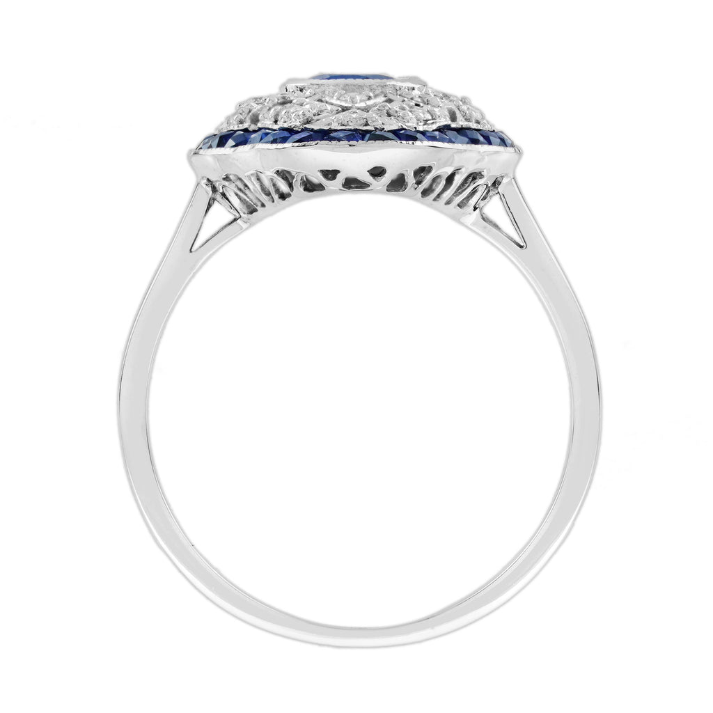 Blue Sapphire Diamond Edwardian Style Openwork Art Deco Inspired White Gold Ring