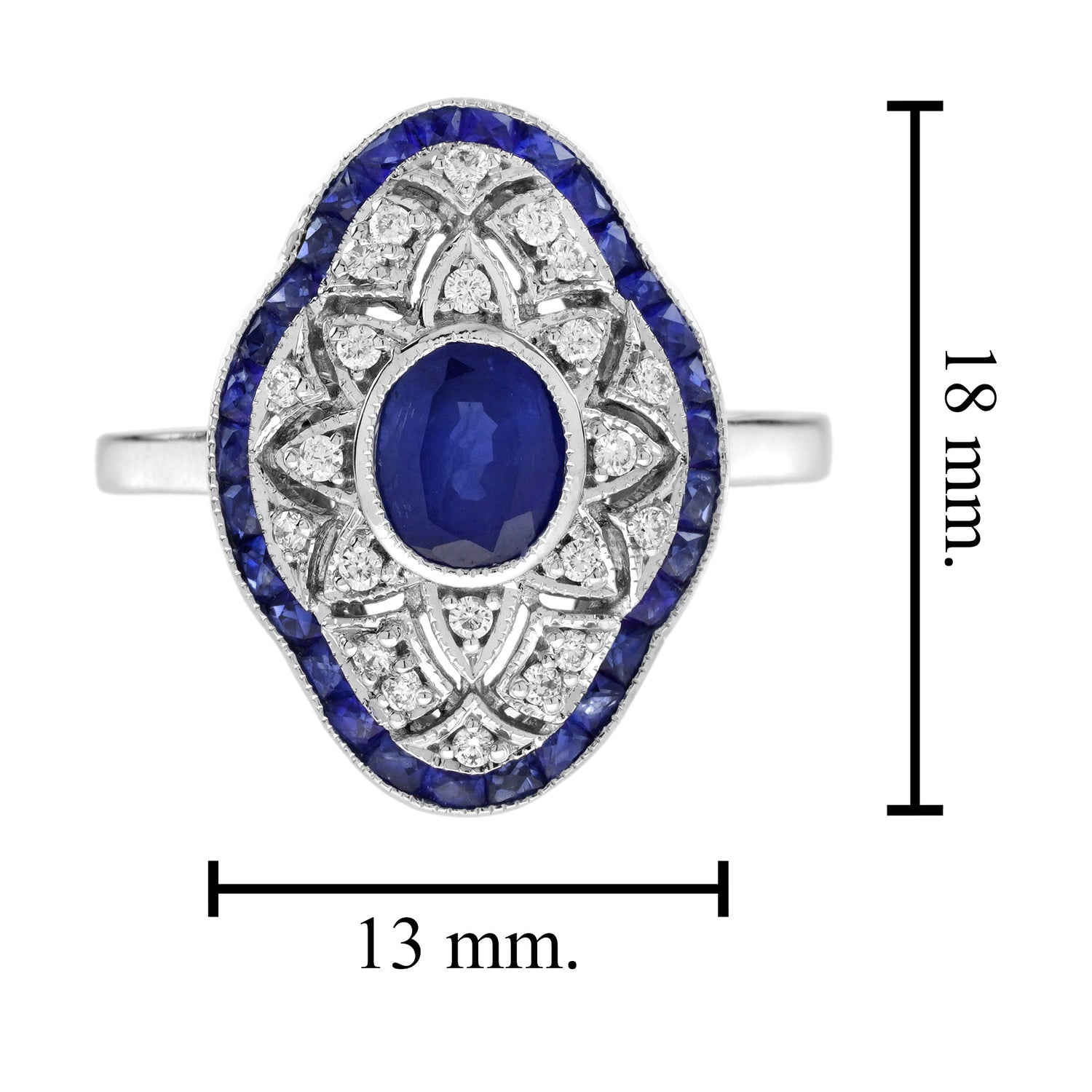 Blue Sapphire Diamond Edwardian Style Openwork Art Deco Inspired White Gold Ring