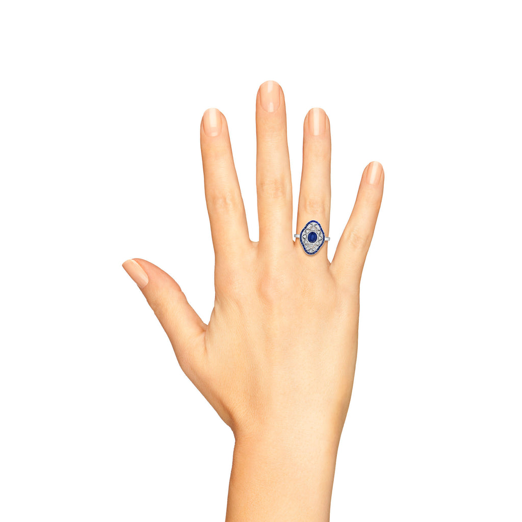 Blue Sapphire Diamond Art Deco Style Openwork Ring & Earrings Jewelry Gold Set