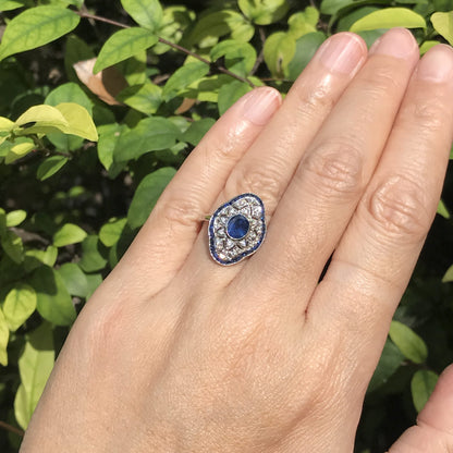 Blue Sapphire Diamond Edwardian Style Openwork Art Deco Inspired White Gold Ring