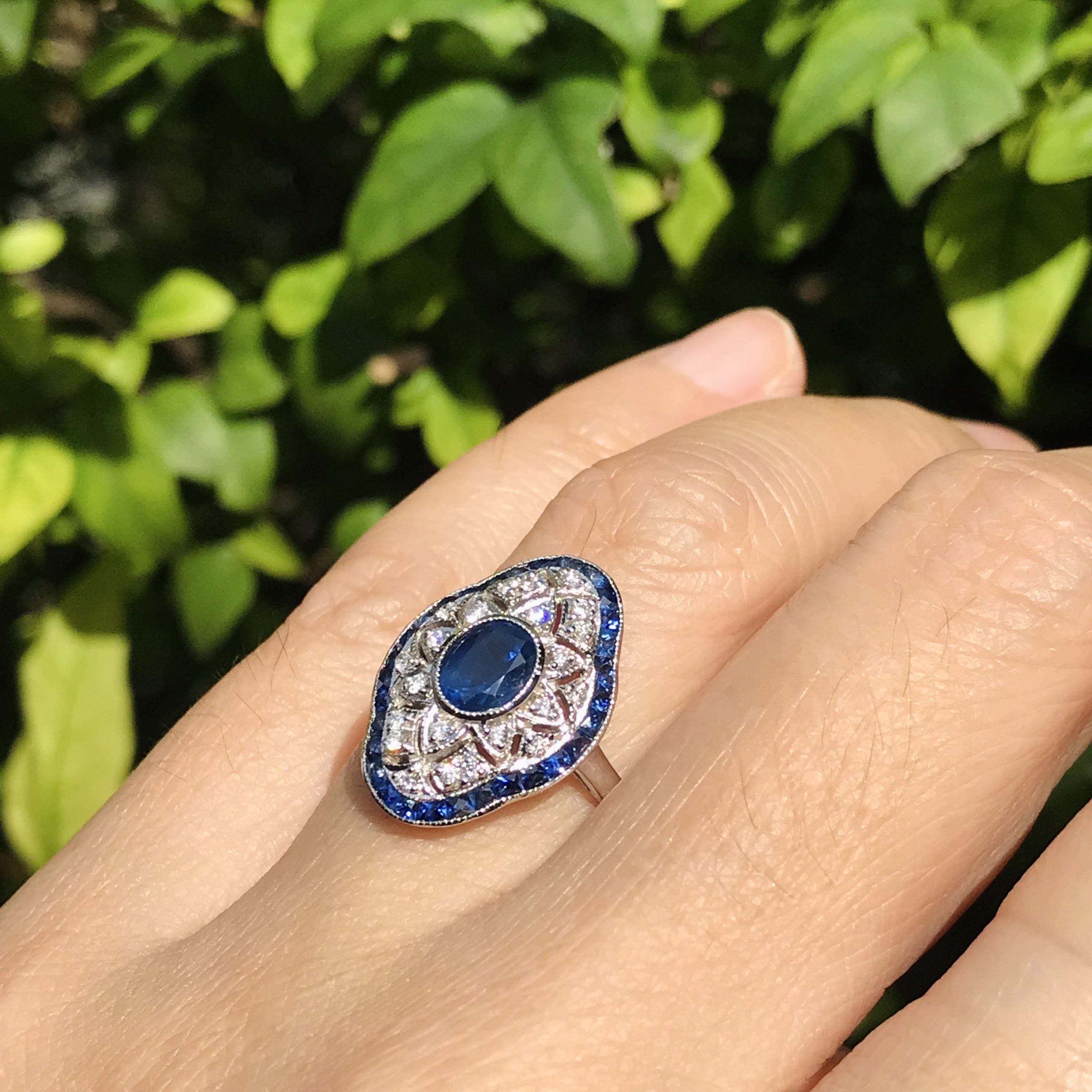 Blue Sapphire Diamond Edwardian Style Openwork Art Deco Inspired White Gold Ring