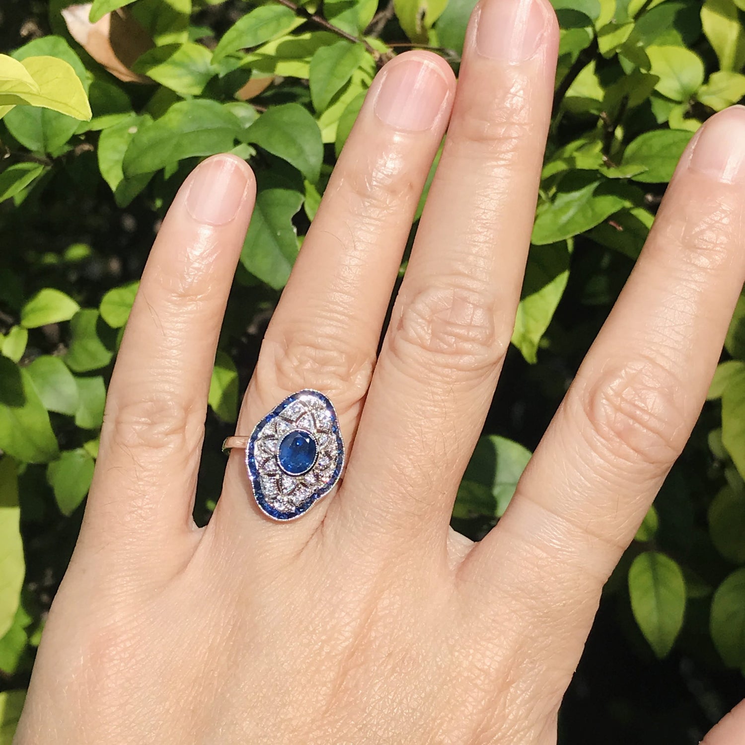 Blue Sapphire Diamond Edwardian Style Openwork Art Deco Inspired White Gold Ring