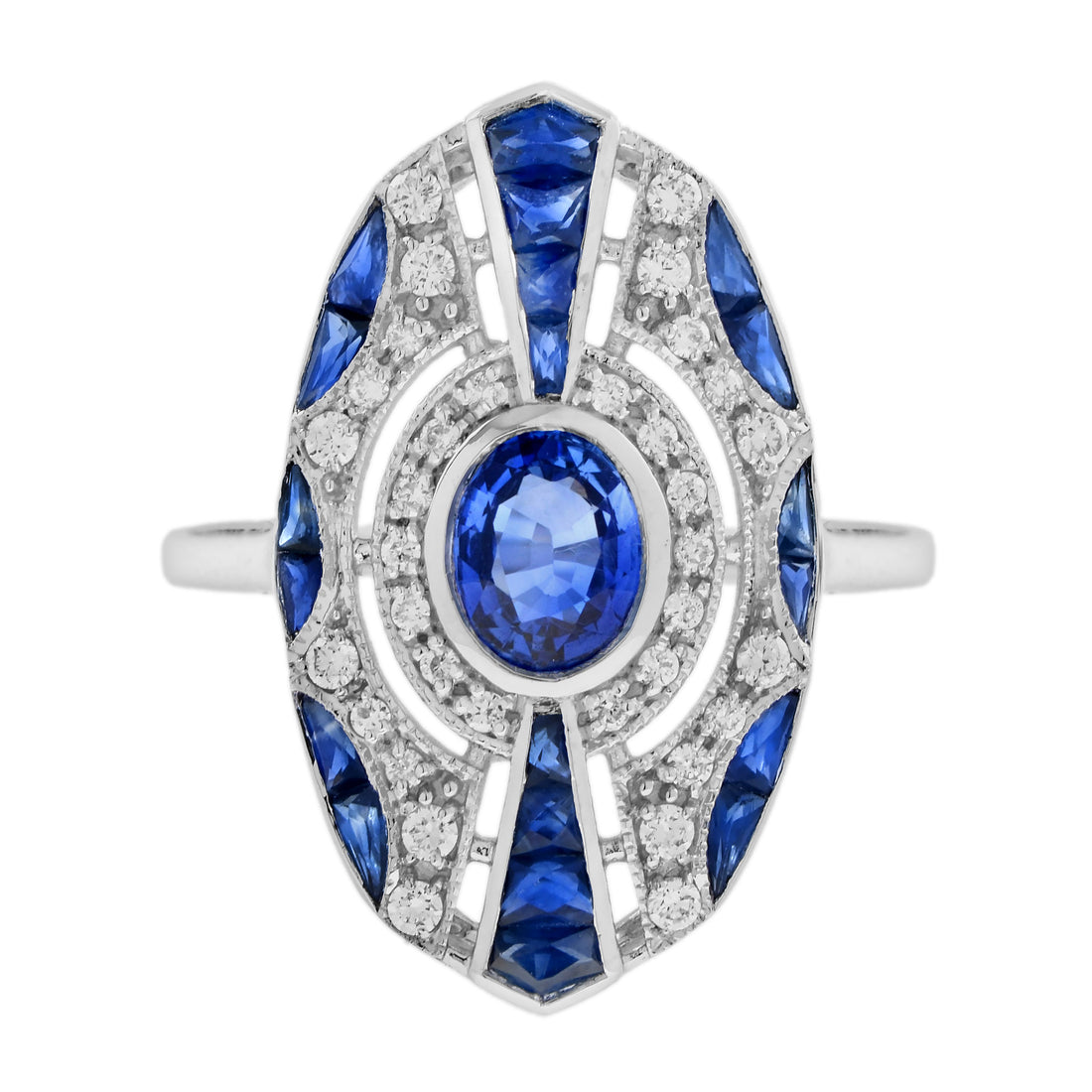 Oval Shape Blue Sapphire & Diamond Art Deco Style 18K White Gold Ring
