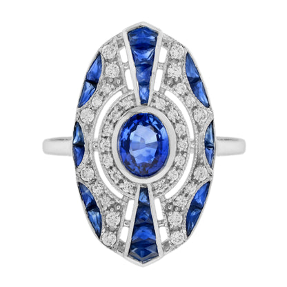 Oval Shape Blue Sapphire &amp; Diamond Art Deco Style 18K White Gold Ring