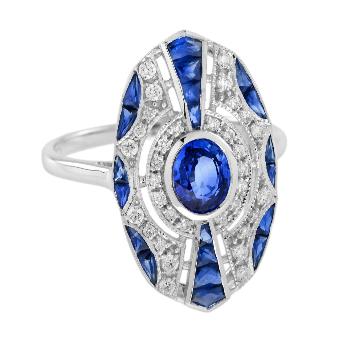 Oval Shape Blue Sapphire &amp; Diamond Art Deco Style 18K White Gold Ring