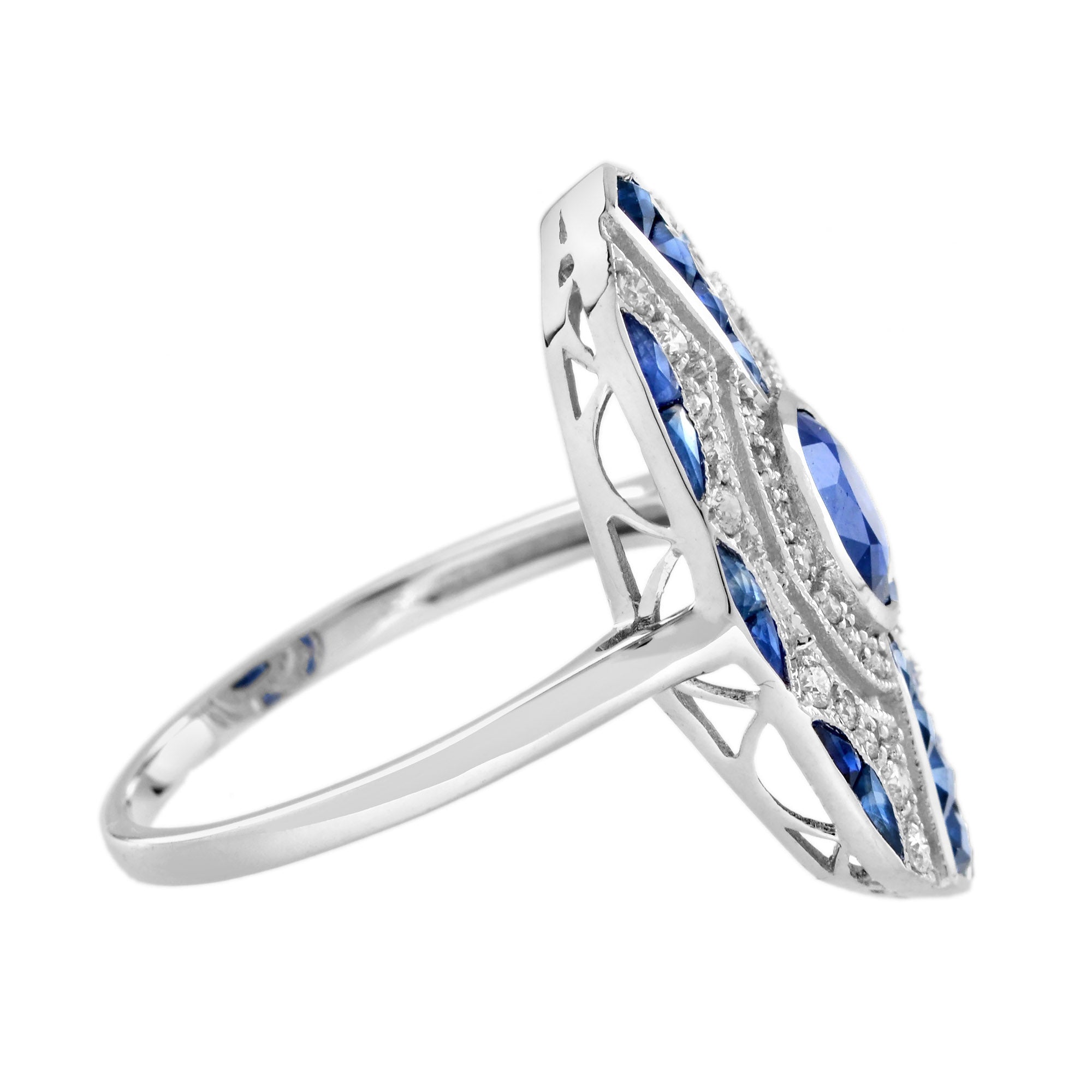 Oval Shape Blue Sapphire &amp; Diamond Art Deco Style 18K White Gold Ring
