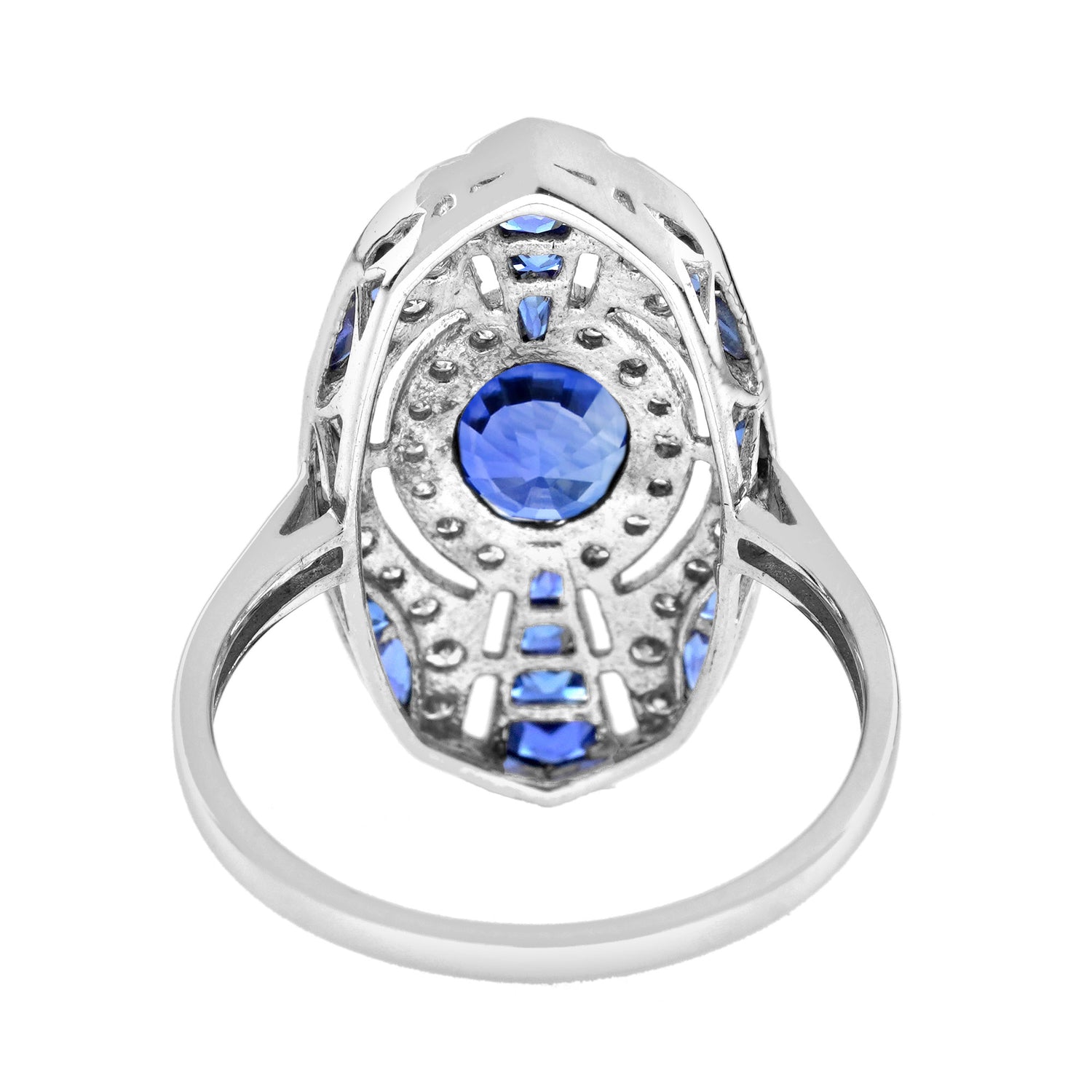 Oval Shape Blue Sapphire &amp; Diamond Art Deco Style 18K White Gold Ring