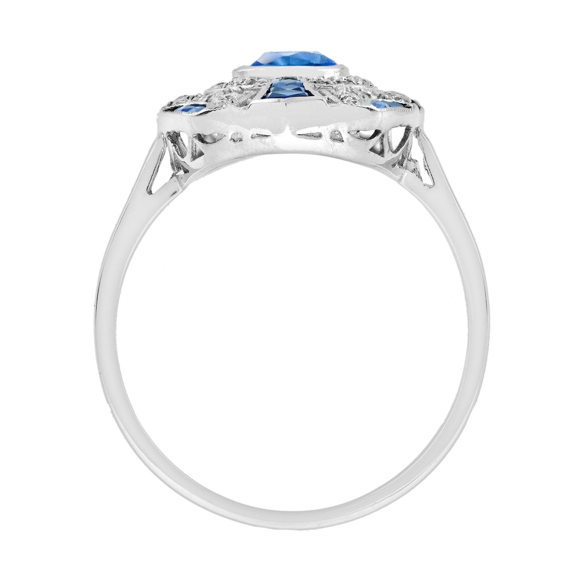 Oval Shape Blue Sapphire &amp; Diamond Art Deco Style 18K White Gold Ring