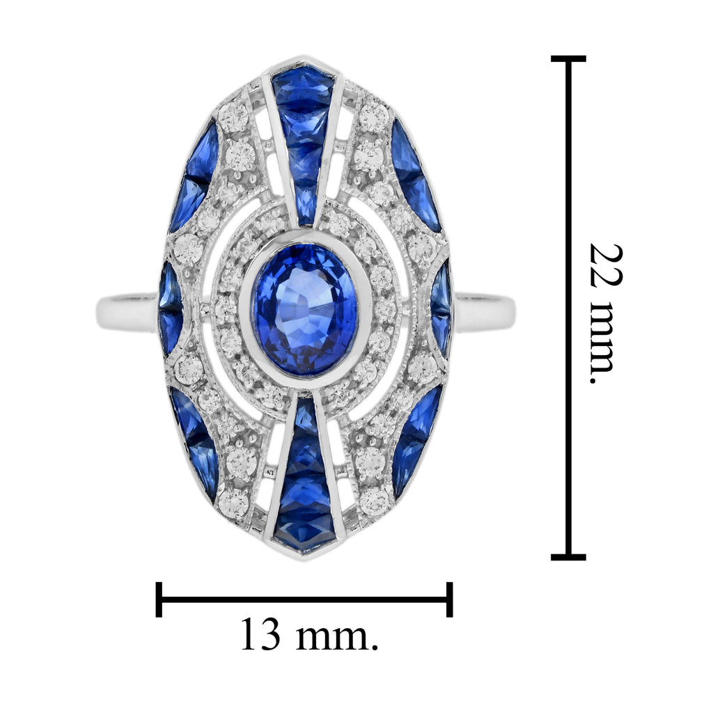 Oval Shape Blue Sapphire & Diamond Art Deco Style 18K White Gold Ring