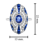 Oval Shape Blue Sapphire & Diamond Art Deco Style 18K White Gold Ring