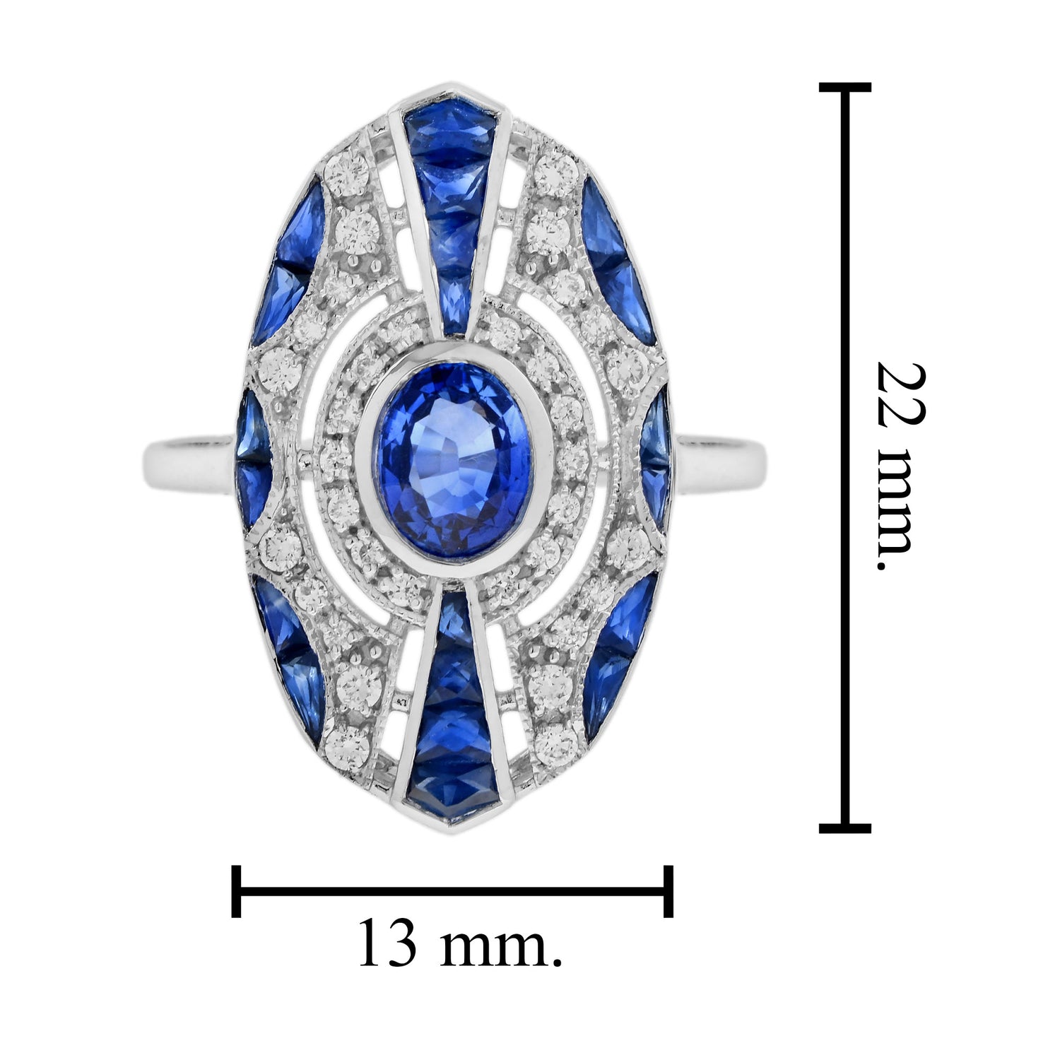 Oval Shape Blue Sapphire &amp; Diamond Art Deco Style 18K White Gold Ring