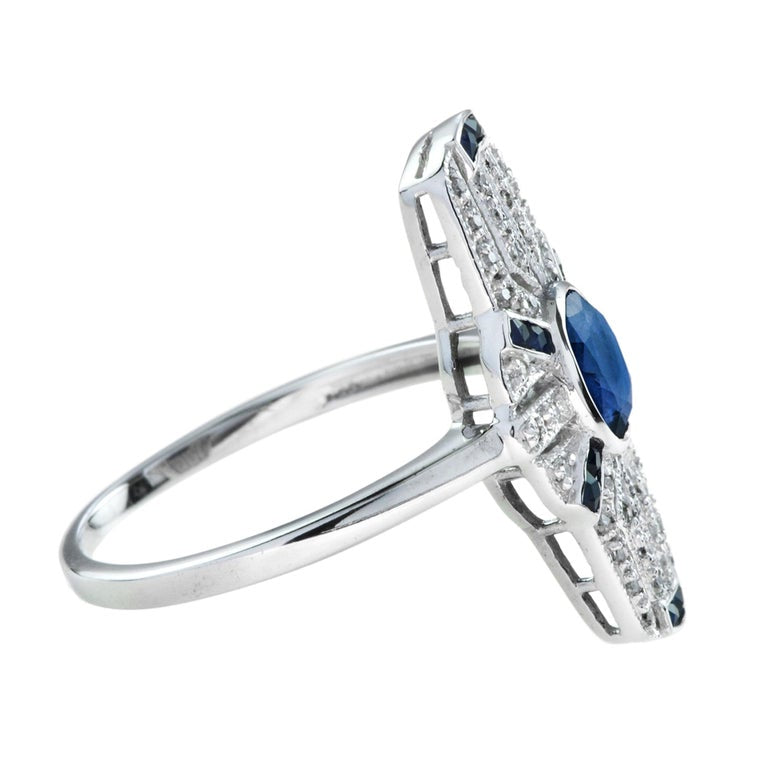 shield art deco style inspired blue sapphire & diamond platinum ring