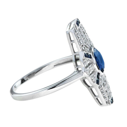Shield Art Deco Style Inspired Blue Sapphire & Diamond Platinum Ring