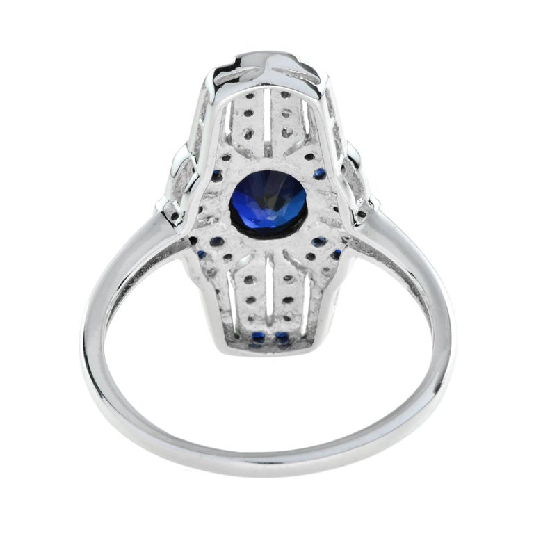 shield art deco style inspired blue sapphire & diamond platinum ring
