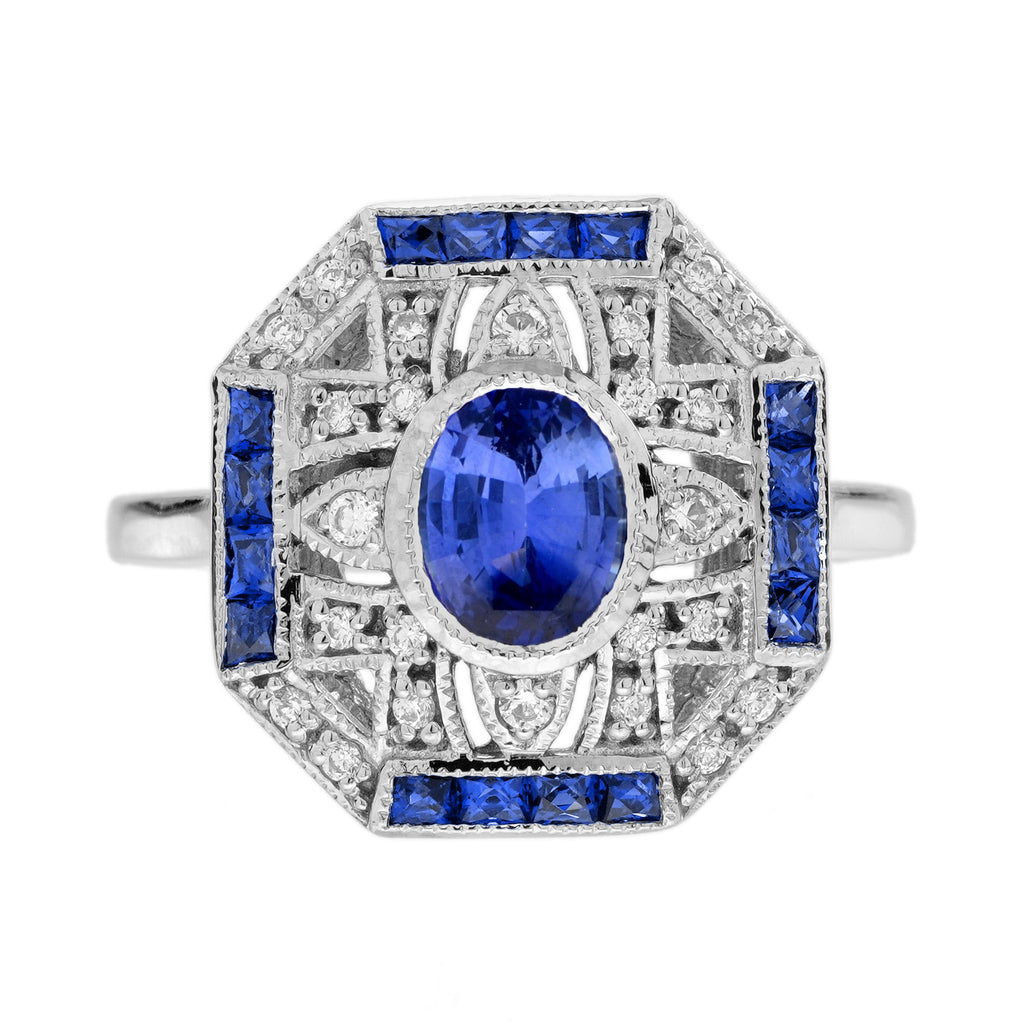 Blue Sapphire & Diamond Art Deco Style Ring Earrings White Gold Jewelry Set