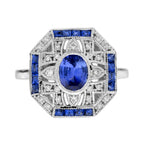 Blue Sapphire & Diamond Art Deco Style Ring Earrings White Gold Jewelry Set