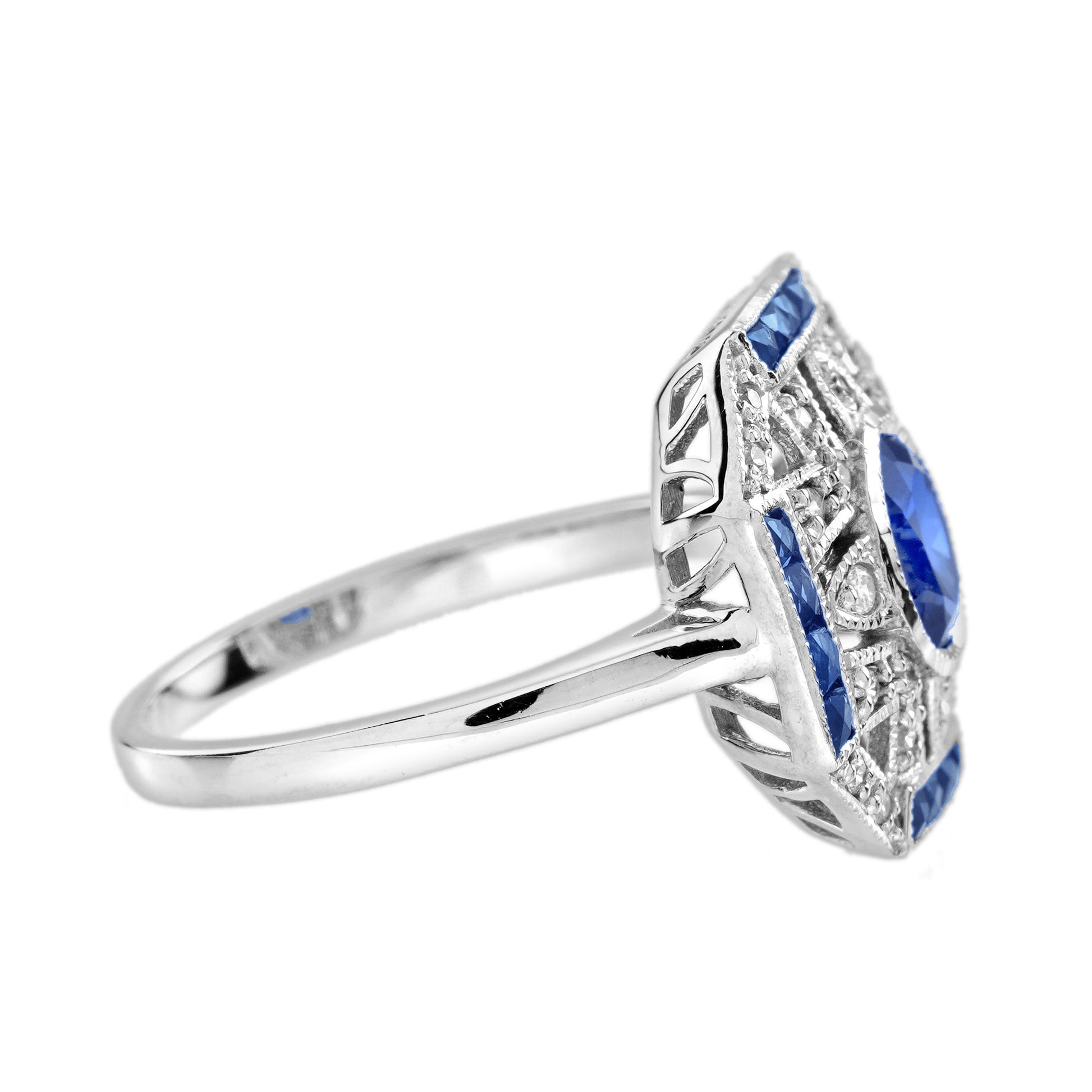 Blue Sapphire & Diamond Art Deco Style Ring Earrings White Gold Jewelry Set