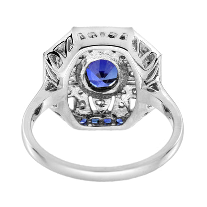 Blue Sapphire & Diamond Art Deco Style Ring Earrings White Gold Jewelry Set