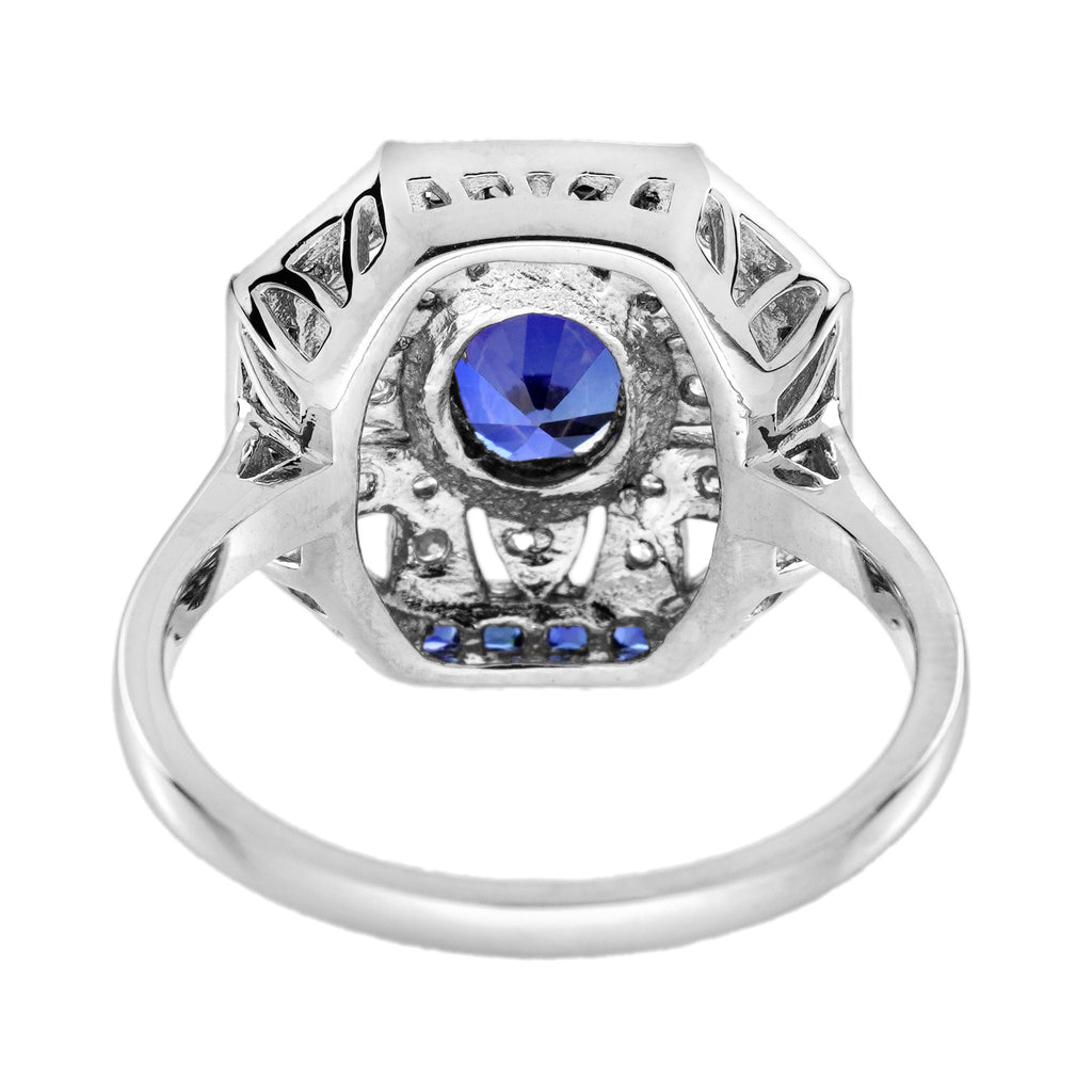 Oval Shape Blue Sapphire & Diamond Vintage InspireArt Deco Style White Gold Ring