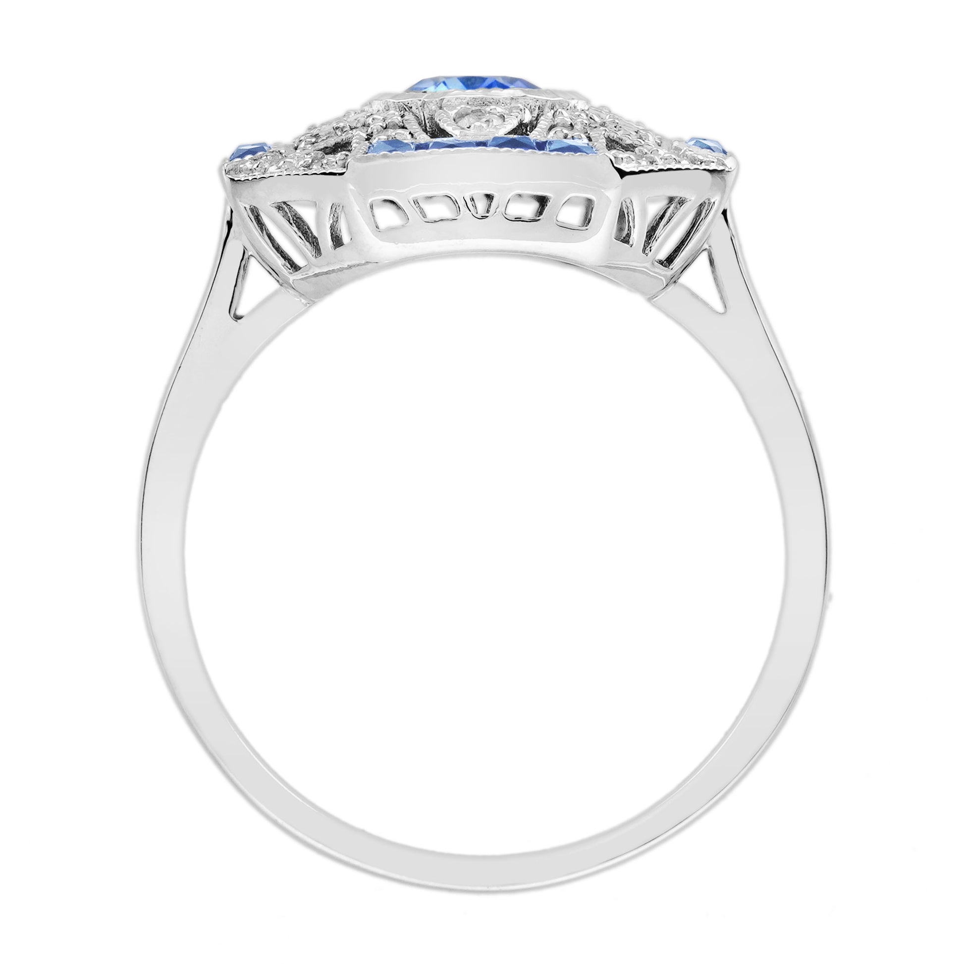 Blue Sapphire & Diamond Art Deco Style Ring Earrings White Gold Jewelry Set