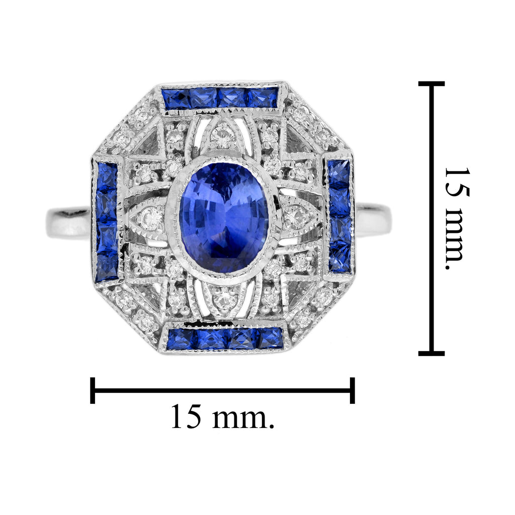 Blue Sapphire & Diamond Art Deco Style Ring Earrings White Gold Jewelry Set
