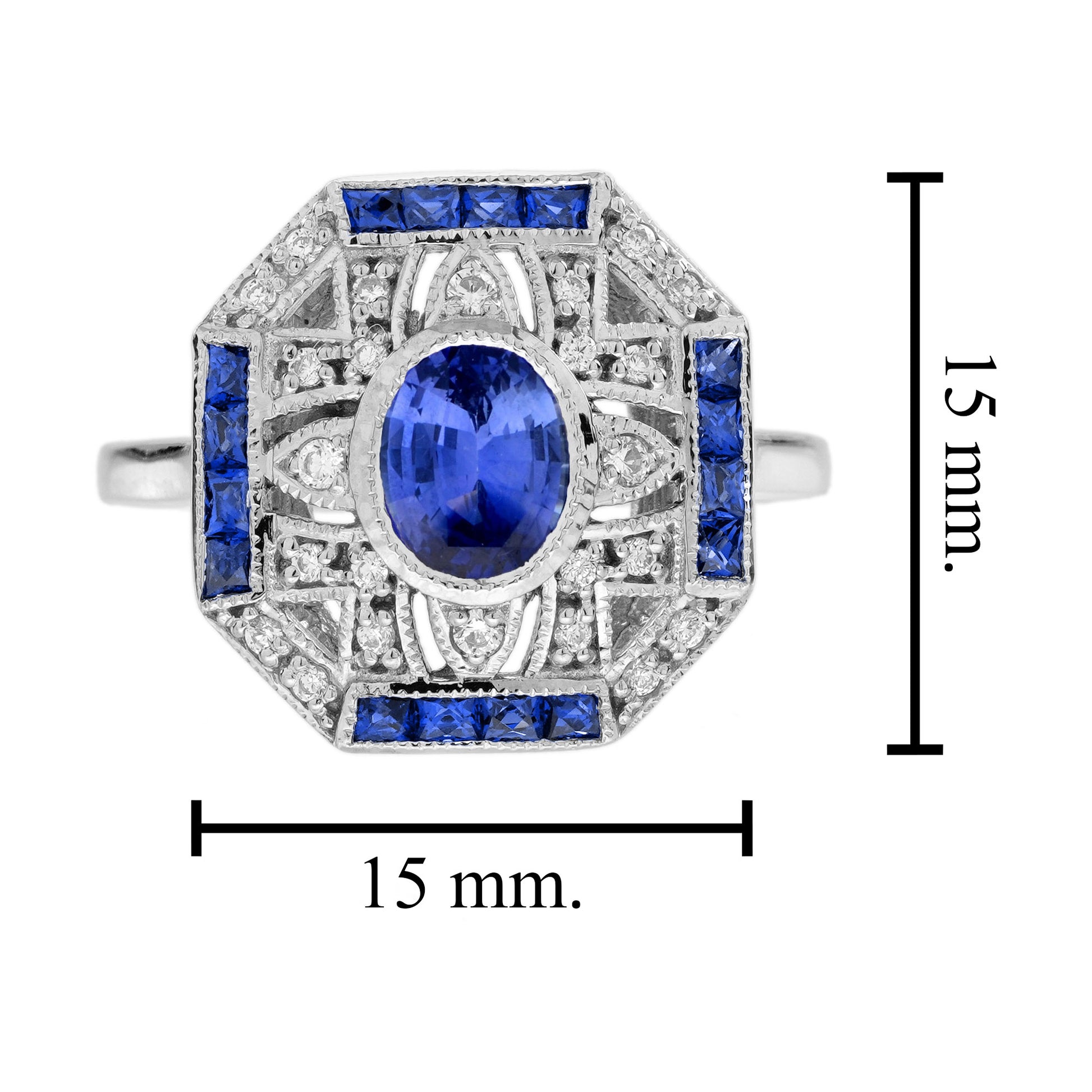 Blue Sapphire & Diamond Art Deco Style Ring Earrings White Gold Jewelry Set