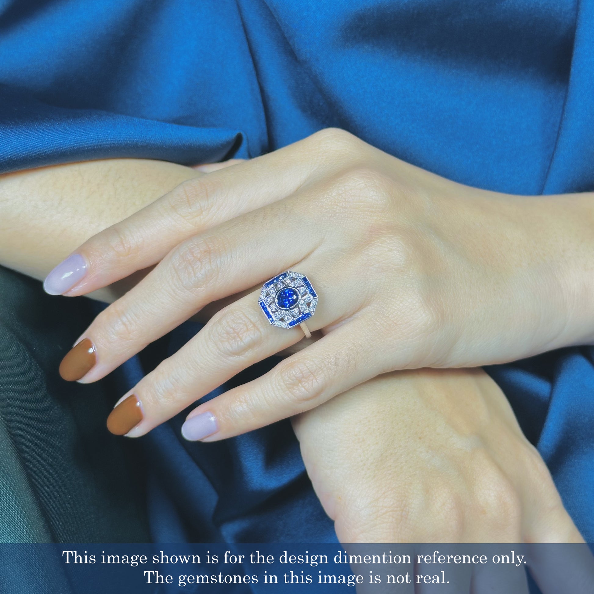 Oval Shape Blue Sapphire & Diamond Vintage InspireArt Deco Style White Gold Ring