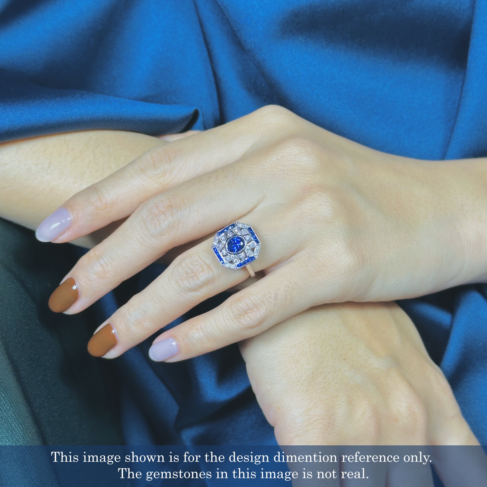 Oval Shape Blue Sapphire &amp; Diamond Vintage InspireArt Deco Style White Gold Ring