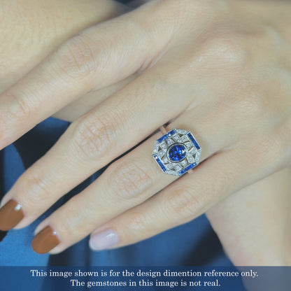 Oval Shape Blue Sapphire & Diamond Vintage InspireArt Deco Style White Gold Ring