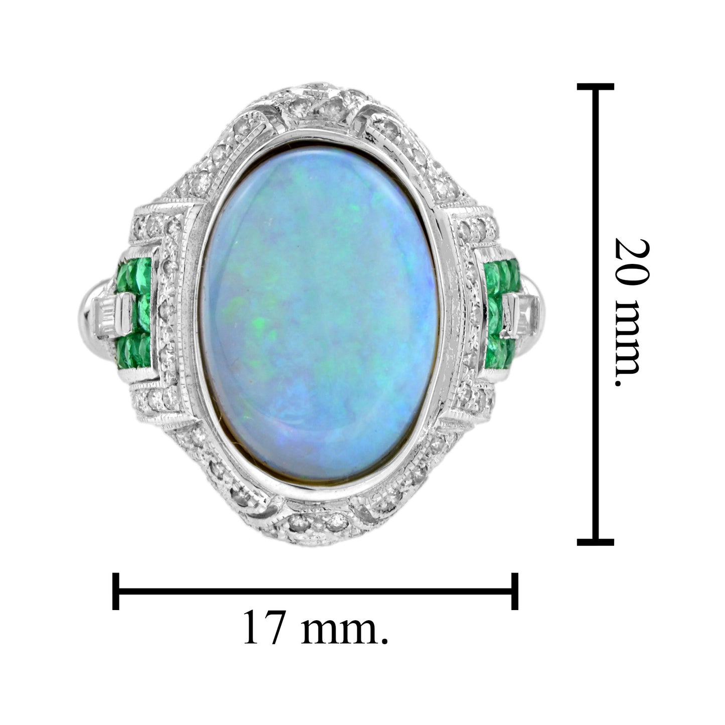 oval shape blue opal & emerald diamond antique style cocktail white gold ring