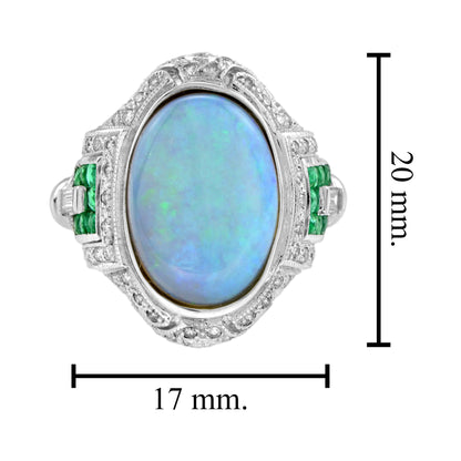 Oval Shape Blue Opal & Emerald Diamond Antique Style Cocktail White Gold Ring