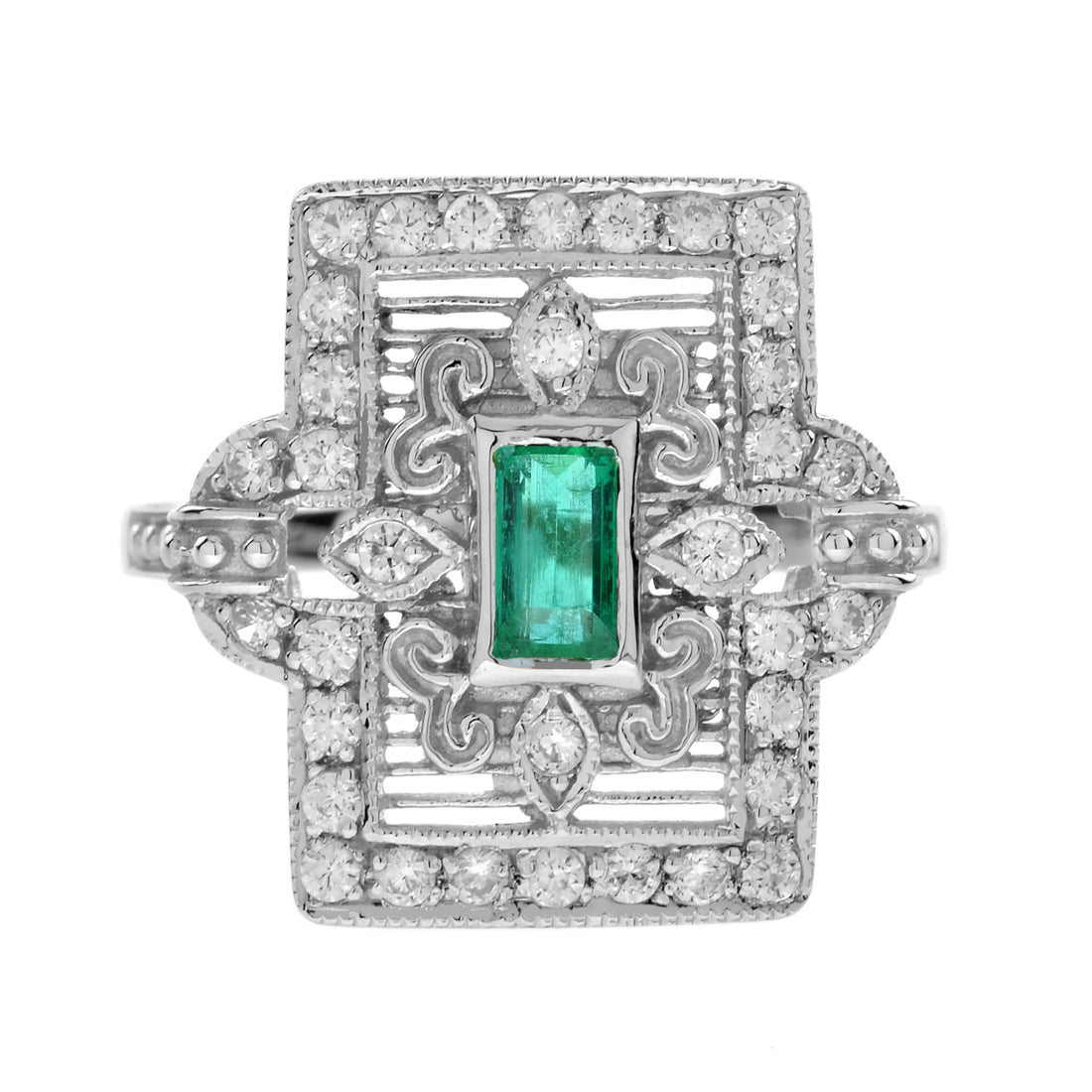 Emerald Diamond Rectangle Door Shape Scrollwork Edwardian Style White Gold Ring