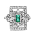 Emerald Diamond Rectangle Door Shape Scrollwork Edwardian Style White Gold Ring