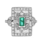 Emerald Diamond Rectangle Door Shape Scrollwork Edwardian Style White Gold Ring